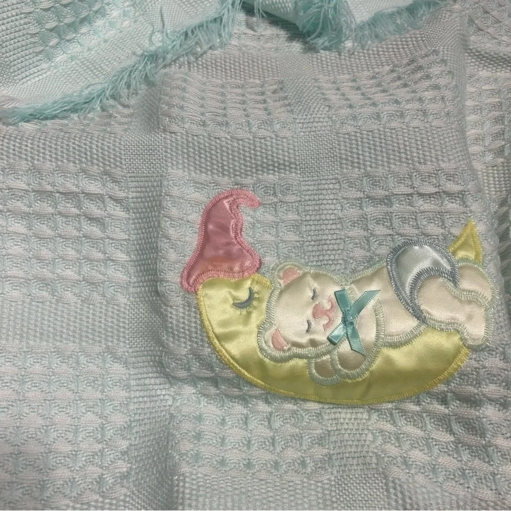 Vintage Light Baby Blanket Pastel Bear Sleeping on Moon Blue Fringe Blue Yellow